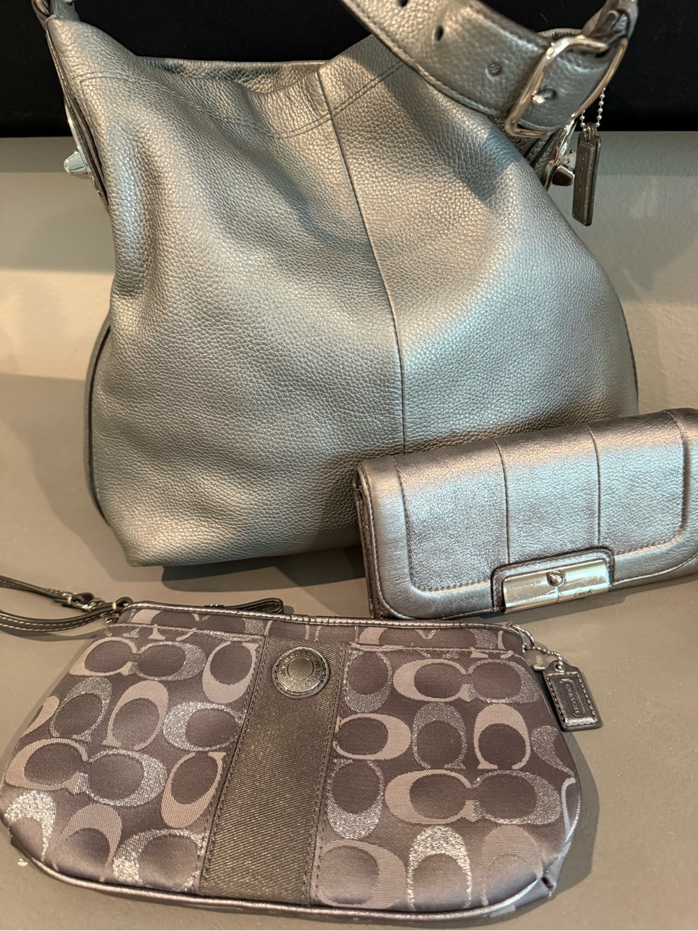 Coach Metallic Leather Shoulder Bag with Gray Signature Wristlet & Wallet